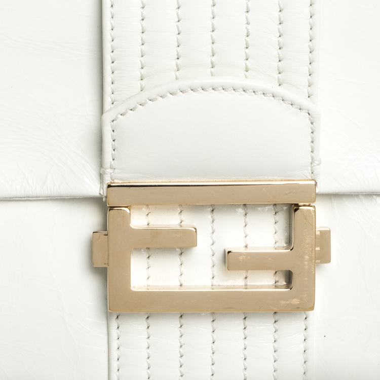 Pre Owned Fendi White Leather Maxi Baguette Flap Shoulder Bag