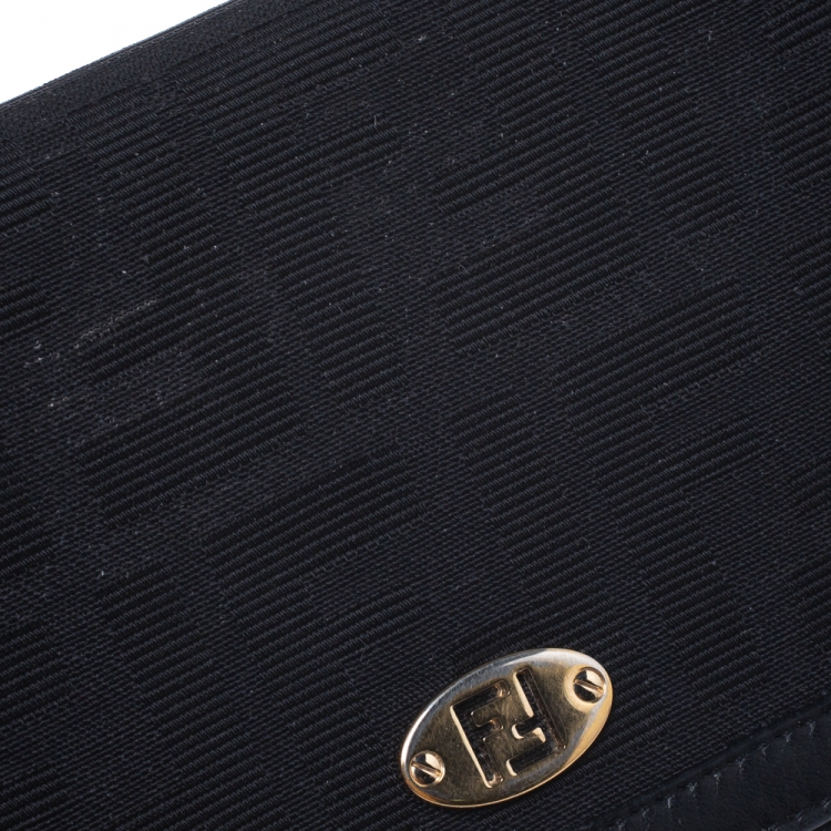 Pre Owned Fendi Black Zucca  Canvas and Leather Zip Around Continental Wallet