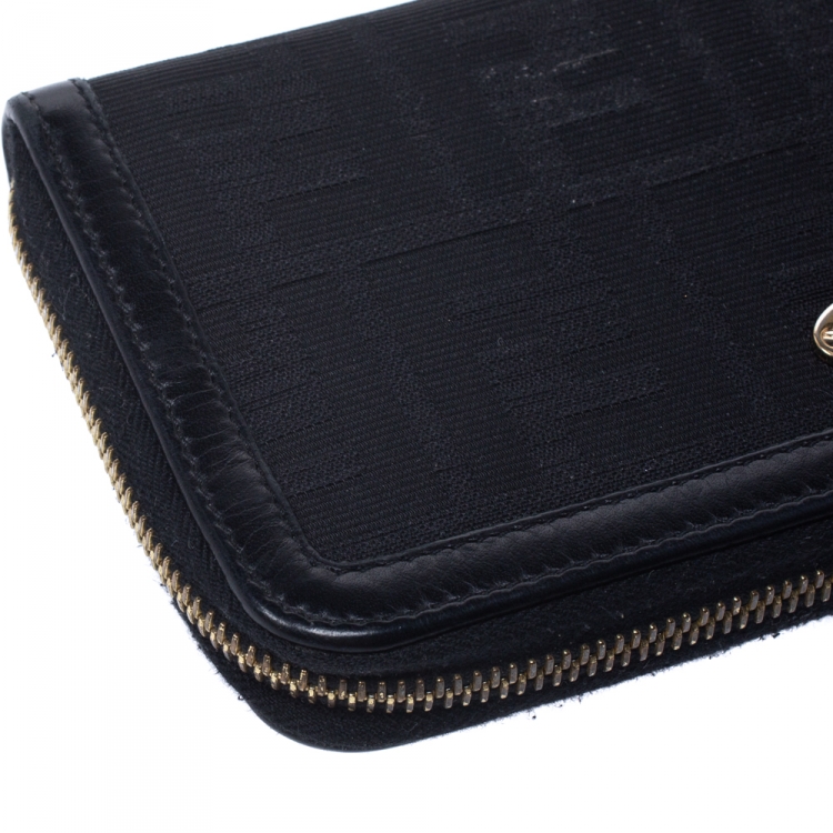 Pre Owned Fendi Black Zucca  Canvas and Leather Zip Around Continental Wallet