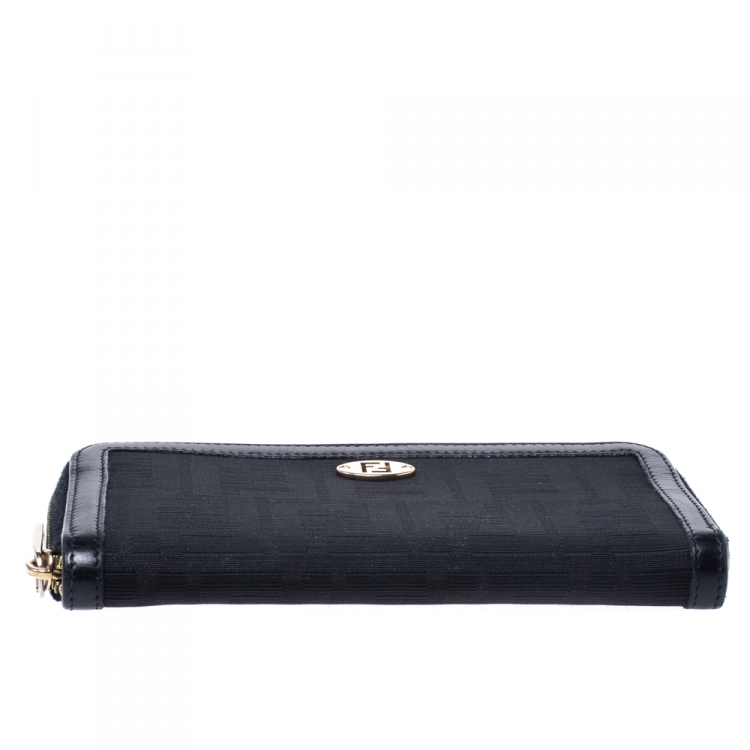 Pre Owned Fendi Black Zucca  Canvas and Leather Zip Around Continental Wallet