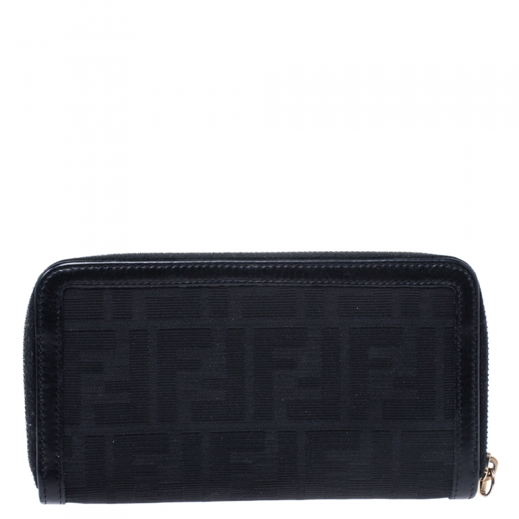 Pre Owned Fendi Black Zucca  Canvas and Leather Zip Around Continental Wallet