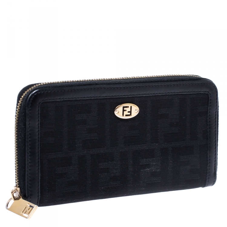 Pre Owned Fendi Black Zucca  Canvas and Leather Zip Around Continental Wallet