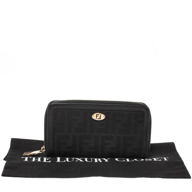 Pre Owned Fendi Black Zucca  Canvas and Leather Zip Around Continental Wallet