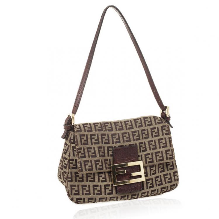 Pre Owned Fendi Zucchino Monogram Mini Baguette Bag
