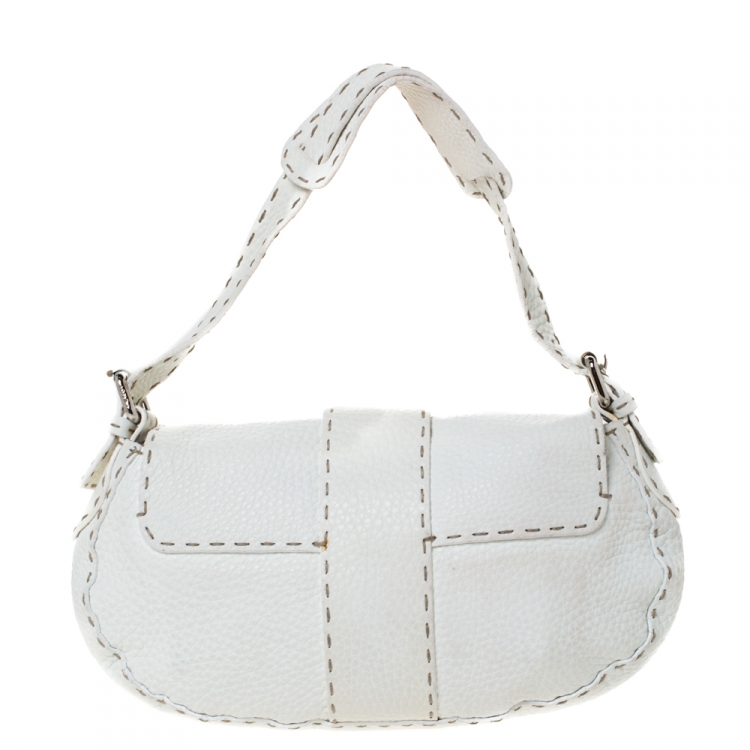 Pre Owned Fendi White Selleria Leather Baguette Bag