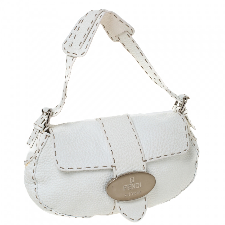 Pre Owned Fendi White Selleria Leather Baguette Bag