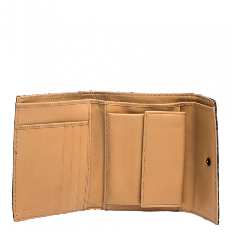 Pre Owned Fendi Beige Zucchino Canvas Trifold Compact Wallet