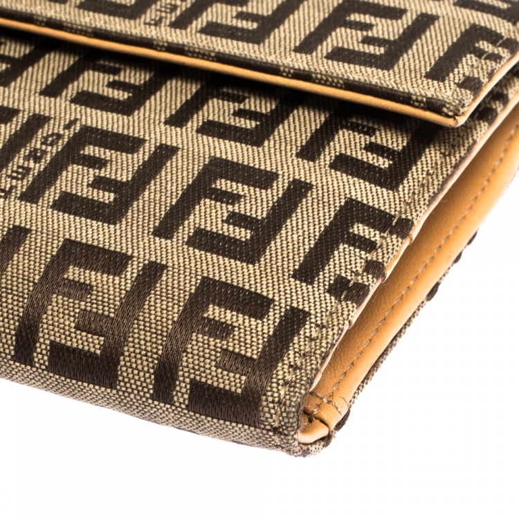 Pre Owned Fendi Beige Zucchino Canvas Trifold Compact Wallet