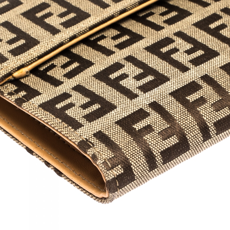 Pre Owned Fendi Beige Zucchino Canvas Trifold Compact Wallet