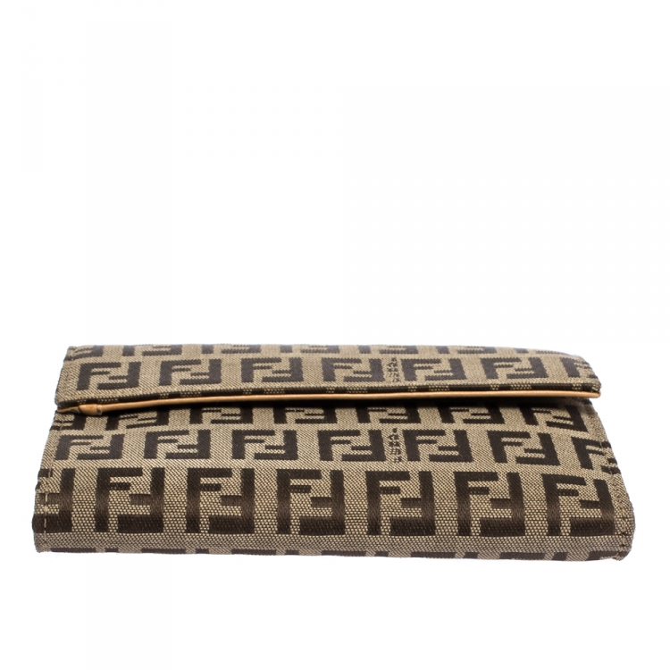 Pre Owned Fendi Beige Zucchino Canvas Trifold Compact Wallet