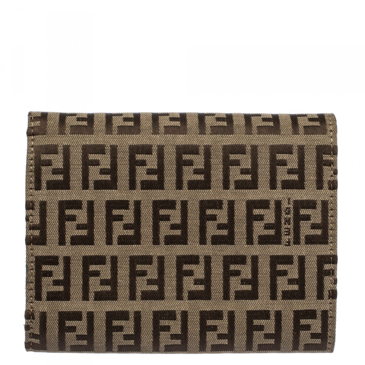 Pre Owned Fendi Beige Zucchino Canvas Trifold Compact Wallet