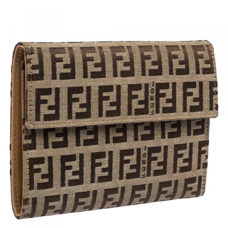Pre Owned Fendi Beige Zucchino Canvas Trifold Compact Wallet