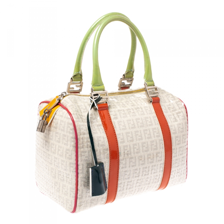 Pre Owned Fendi Multicolor Zucchino Coated Canvas/Sequins and Patent Leather Small Forever Bauletto Boston Bag