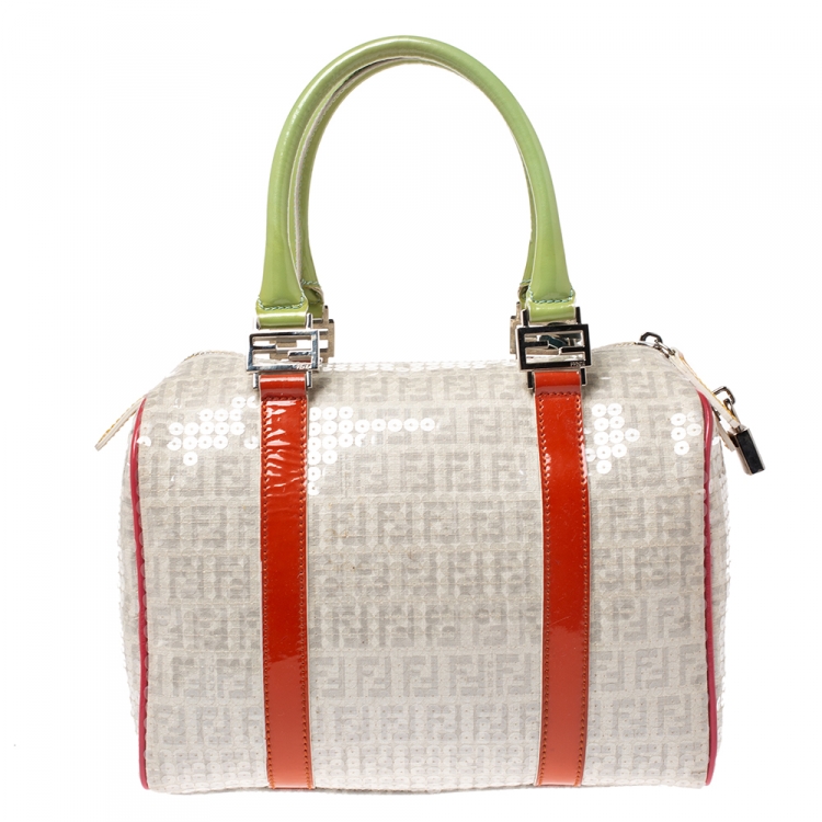 Pre Owned Fendi Multicolor Zucchino Coated Canvas/Sequins and Patent Leather Small Forever Bauletto Boston Bag