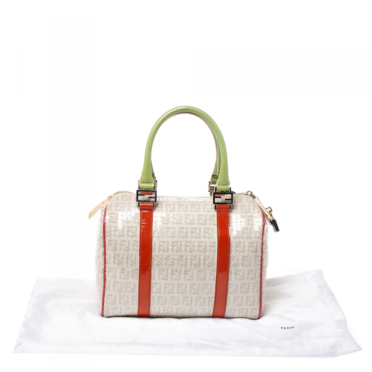Pre Owned Fendi Multicolor Zucchino Coated Canvas/Sequins and Patent Leather Small Forever Bauletto Boston Bag