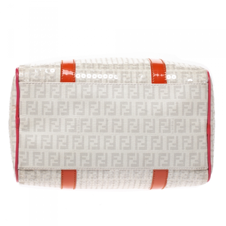 Pre Owned Fendi Multicolor Zucchino Coated Canvas/Sequins and Patent Leather Small Forever Bauletto Boston Bag