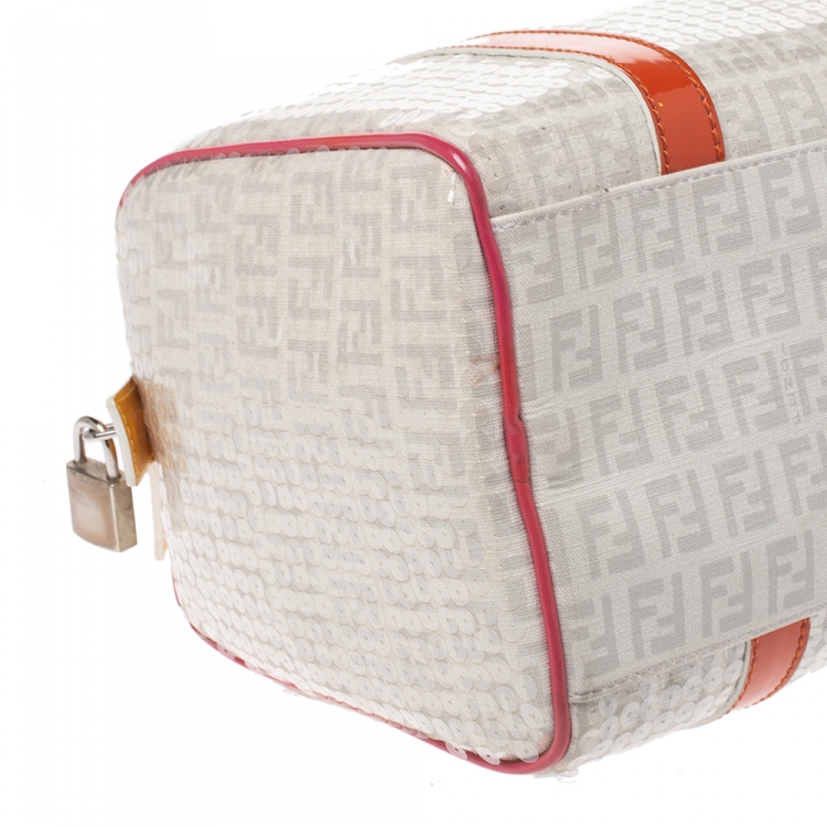 Pre Owned Fendi Multicolor Zucchino Coated Canvas/Sequins and Patent Leather Small Forever Bauletto Boston Bag