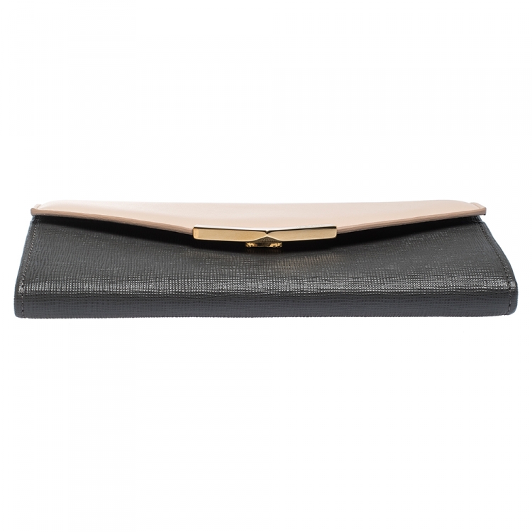 Pre Owned Fendi Grey/Pink Leather Envelope Continental Wallet