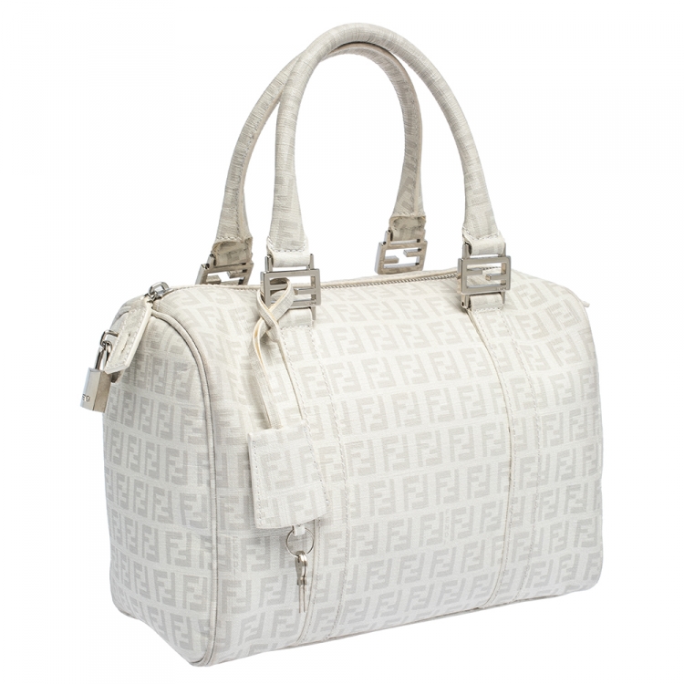 Pre Owned Fendi White Zucchino Coated Canvas Small Forever Bauletto Boston Bag