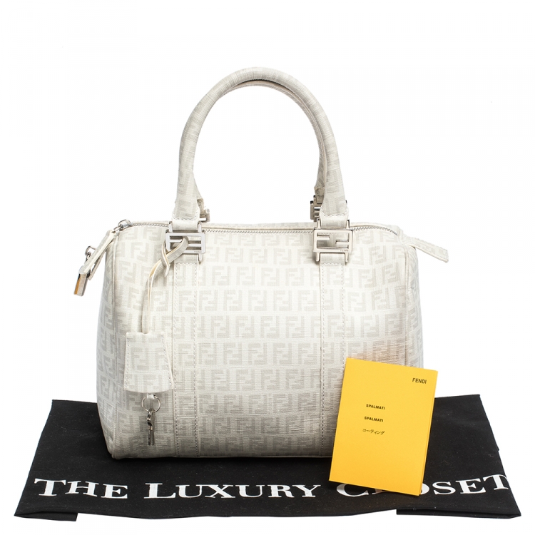 Pre Owned Fendi White Zucchino Coated Canvas Small Forever Bauletto Boston Bag