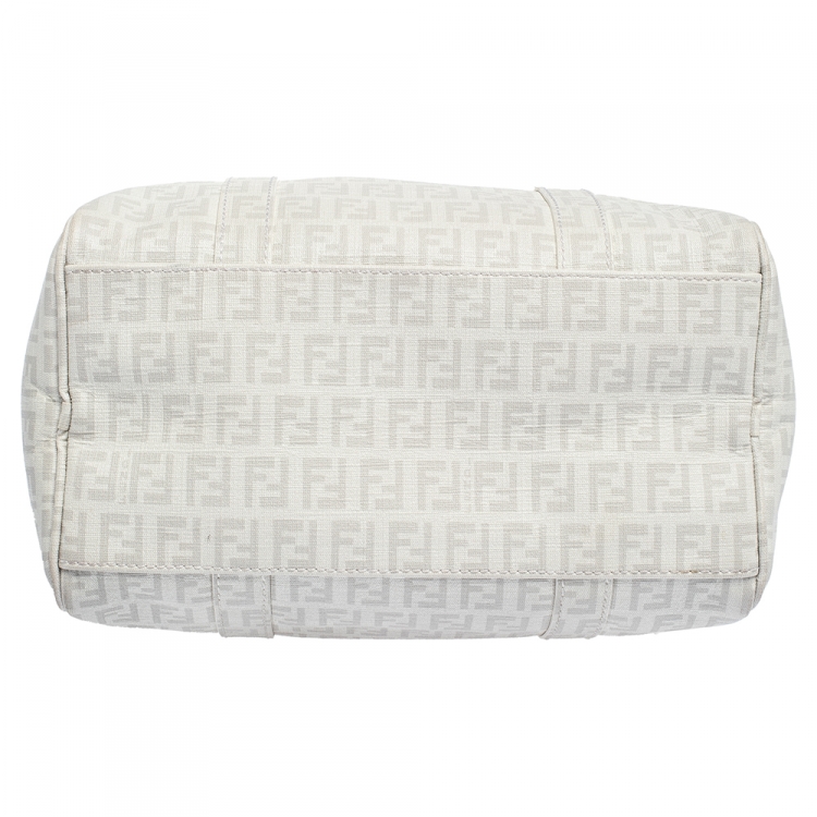 Pre Owned Fendi White Zucchino Coated Canvas Small Forever Bauletto Boston Bag