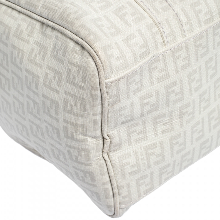 Pre Owned Fendi White Zucchino Coated Canvas Small Forever Bauletto Boston Bag