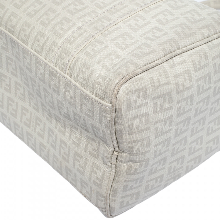 Pre Owned Fendi White Zucchino Coated Canvas Small Forever Bauletto Boston Bag