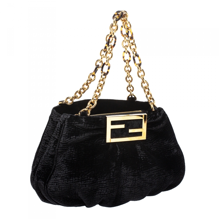 Pre Owned Fendi Black Velvet Small Mia Shoulder Bag
