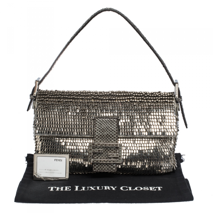 Pre Owned Fendi Silver Beads, Metal and Snakeskin Baguette Bag
