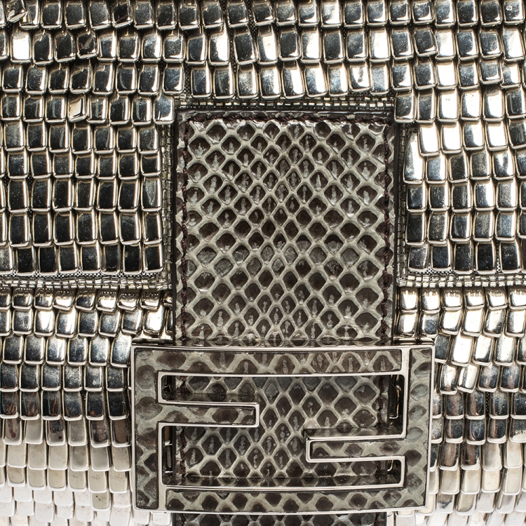 Pre Owned Fendi Silver Beads, Metal and Snakeskin Baguette Bag