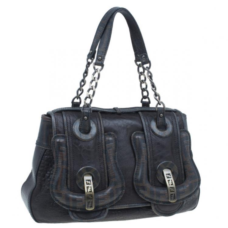 Pre Owned Fendi Brown Zucca Leather and Coated Canvas Trim B Bag