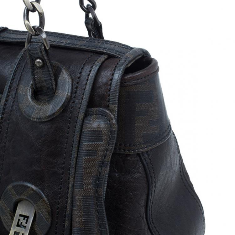 Pre Owned Fendi Brown Zucca Leather and Coated Canvas Trim B Bag