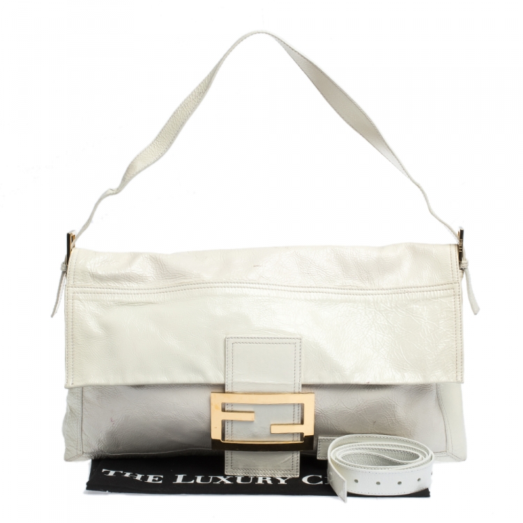 Pre Owned Fendi White Patent Leather Oversized Convertible Baguette Bag