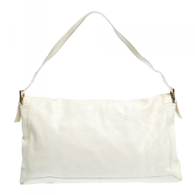 Pre Owned Fendi White Patent Leather Oversized Convertible Baguette Bag