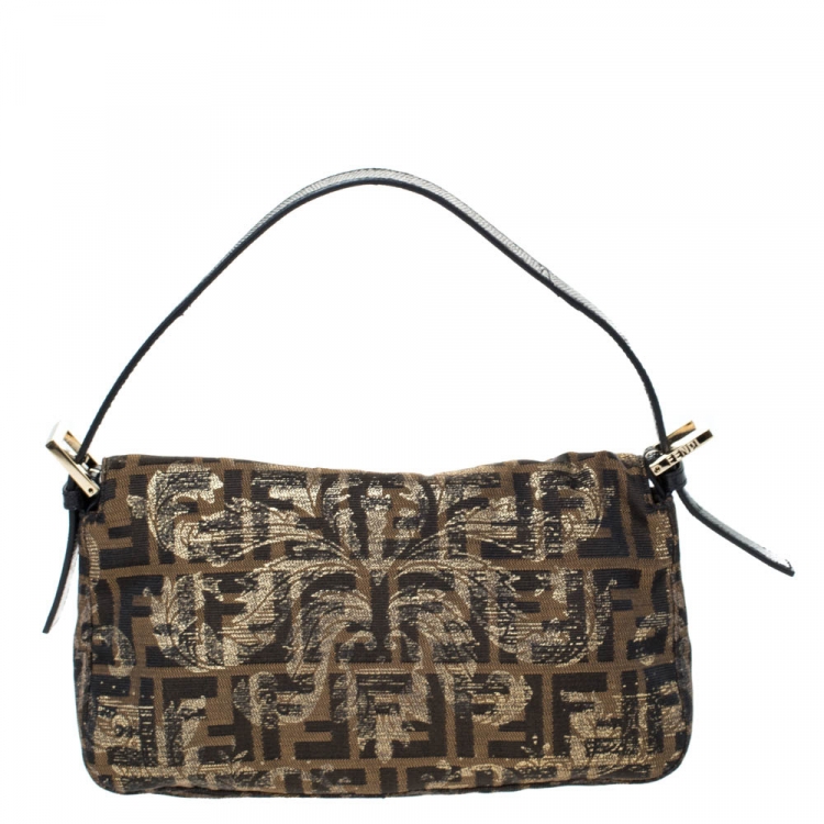 Pre Owned Fendi Tobacco Zucca Canvas Floral Brocade Baguette Bag