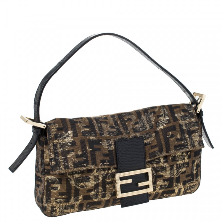 Pre Owned Fendi Tobacco Zucca Canvas Floral Brocade Baguette Bag
