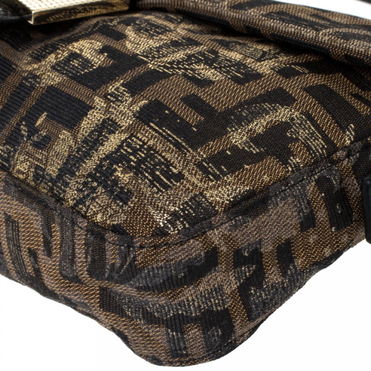 Pre Owned Fendi Tobacco Zucca Canvas Floral Brocade Baguette Bag
