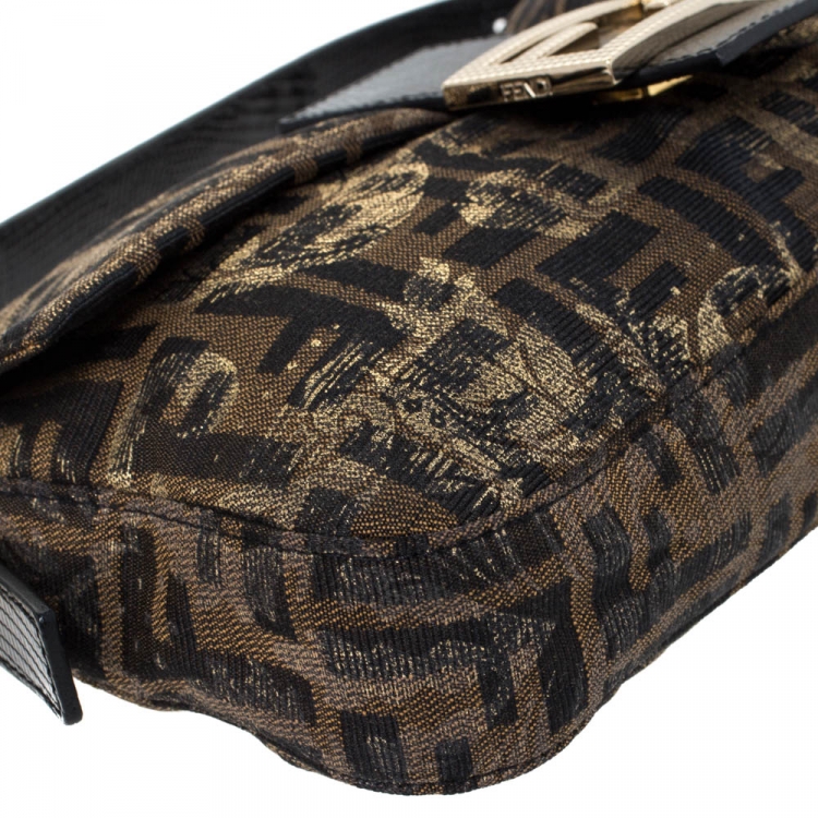 Pre Owned Fendi Tobacco Zucca Canvas Floral Brocade Baguette Bag