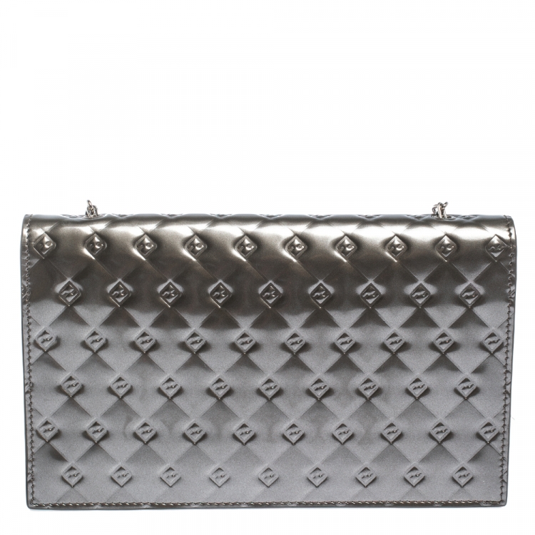 Pre Owned Fendi Metallic Grey Patent Leather Fendilicious Wallet on Chain