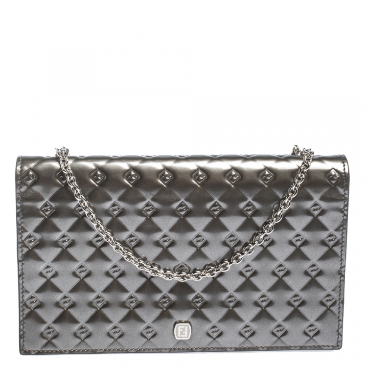 Pre Owned Fendi Metallic Grey Patent Leather Fendilicious Wallet on Chain