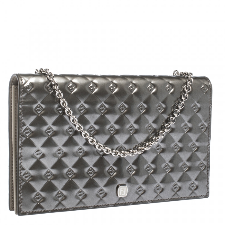 Pre Owned Fendi Metallic Grey Patent Leather Fendilicious Wallet on Chain