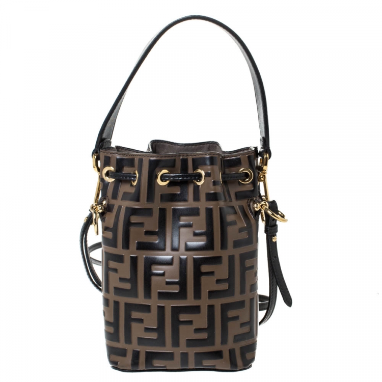 Pre Owned Fendi Brown/Black Zucca Leather Mini Mon Tresor Drawstring Bucket Bag