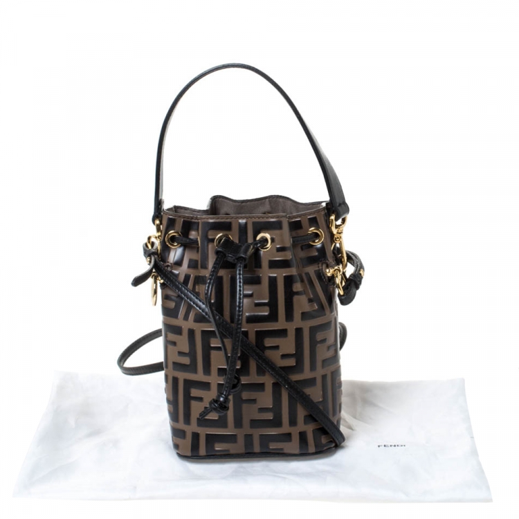 Pre Owned Fendi Brown/Black Zucca Leather Mini Mon Tresor Drawstring Bucket Bag