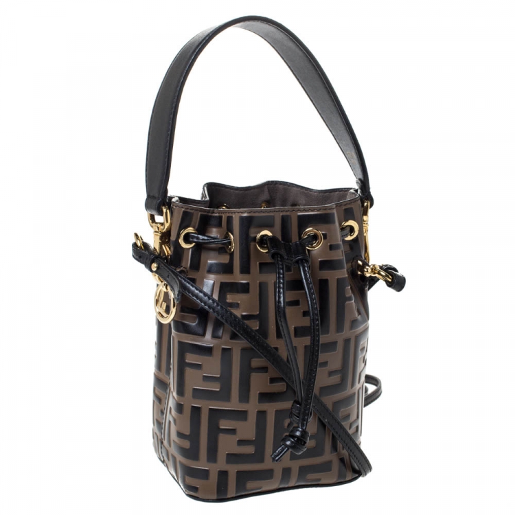 Pre Owned Fendi Brown/Black Zucca Leather Mini Mon Tresor Drawstring Bucket Bag