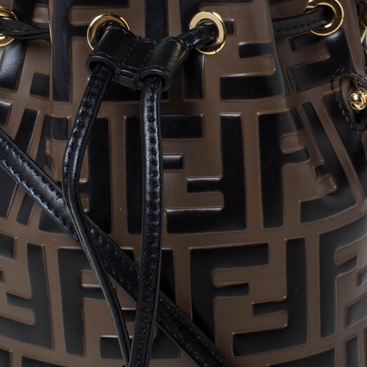 Pre Owned Fendi Brown/Black Zucca Leather Mini Mon Tresor Drawstring Bucket Bag
