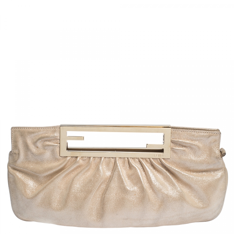Pre Owned Fendi Metallic Beige Leather Cutout Handle Clutch