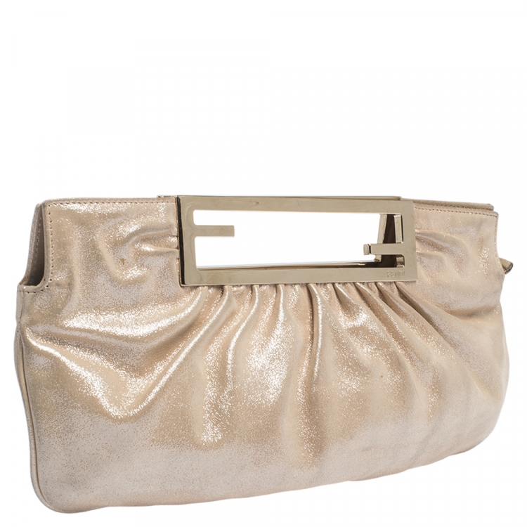 Pre Owned Fendi Metallic Beige Leather Cutout Handle Clutch
