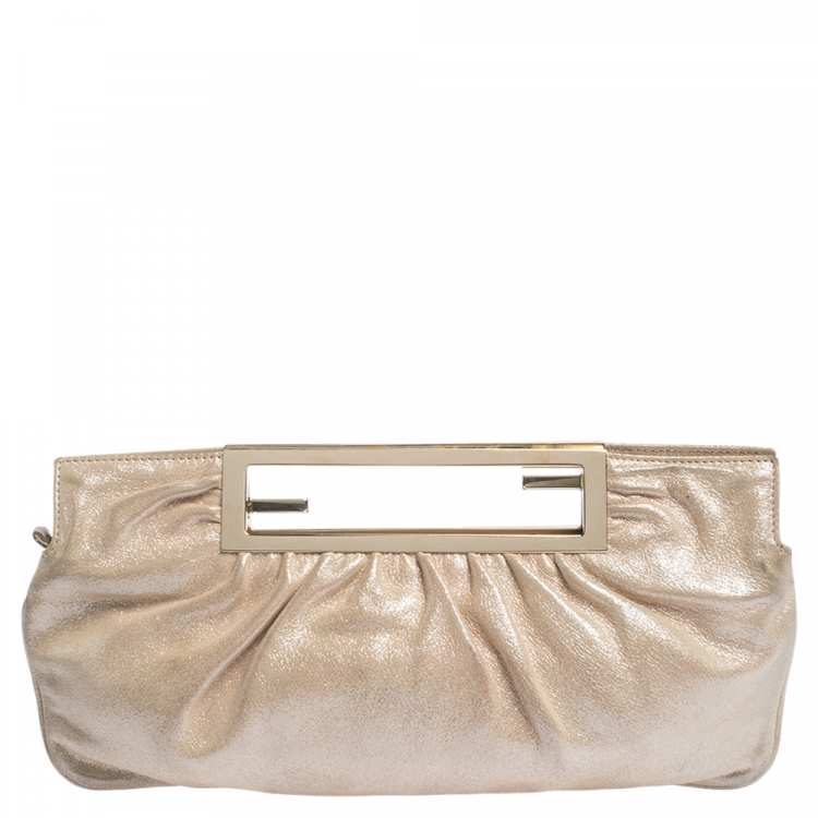 Pre Owned Fendi Metallic Beige Leather Cutout Handle Clutch