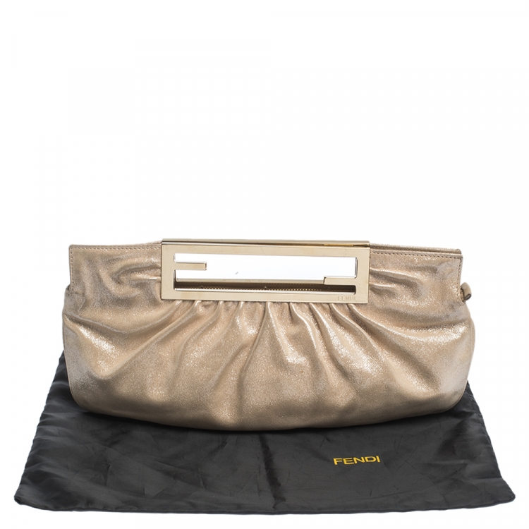 Pre Owned Fendi Metallic Beige Leather Cutout Handle Clutch