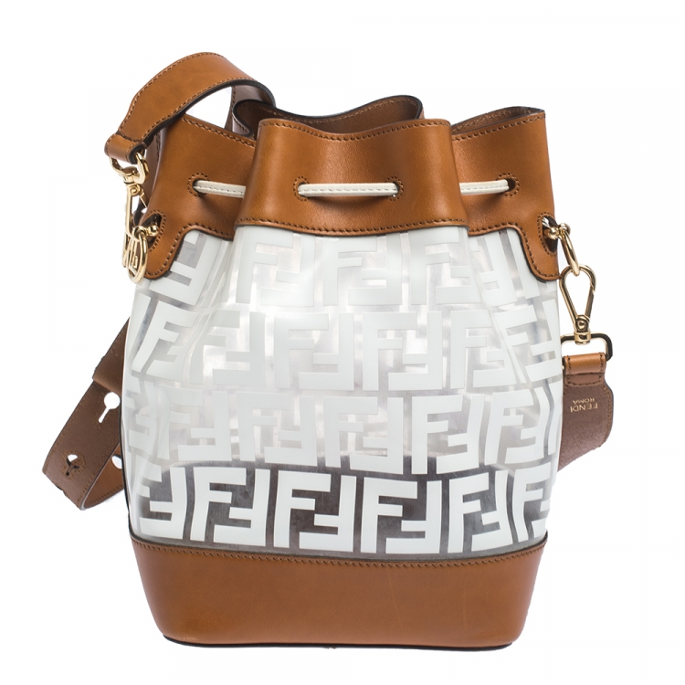 Pre Owned Fendi White/Tan Zucca PVC and Leather Grande Mon Tresor Bucket Bag